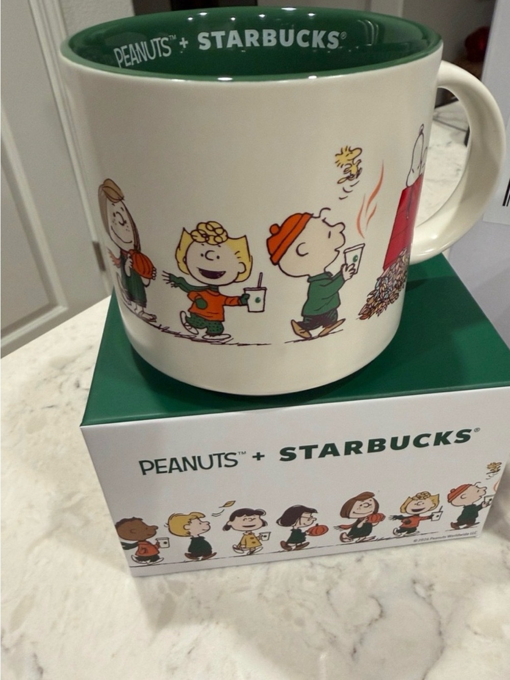 Starbucks Peanuts Comic Strip Mug in Green, White, Orange